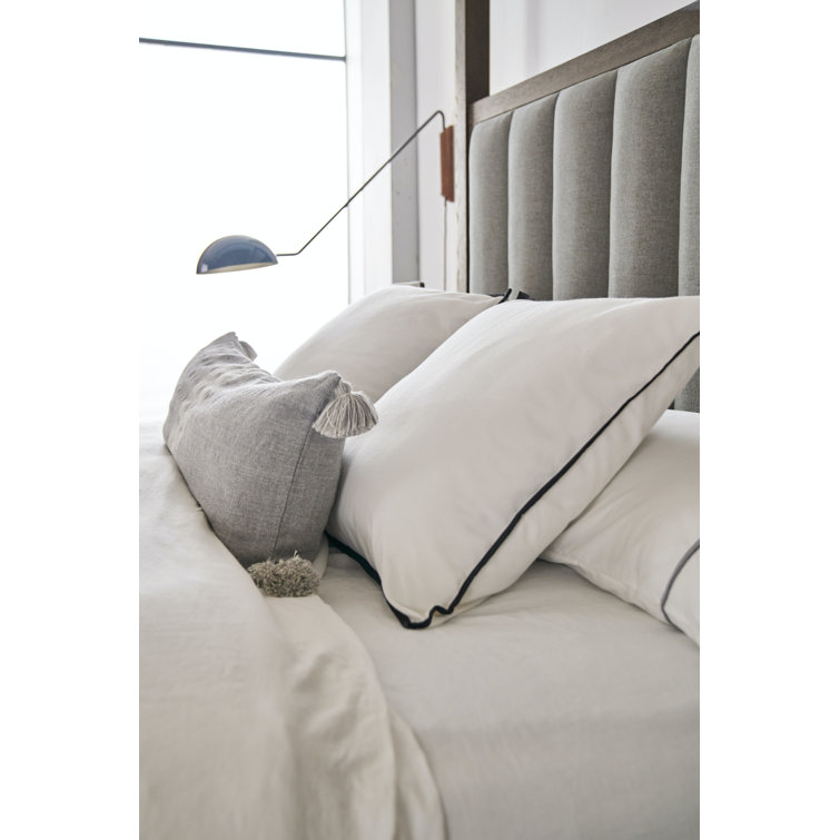 Queen Oak Upholstered Canopy Bed with Tufted Headboard