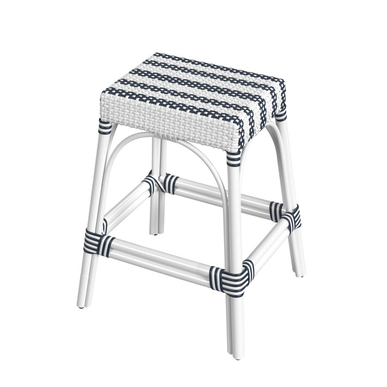 White and Navy Stripe Rattan Backless Counter Stool