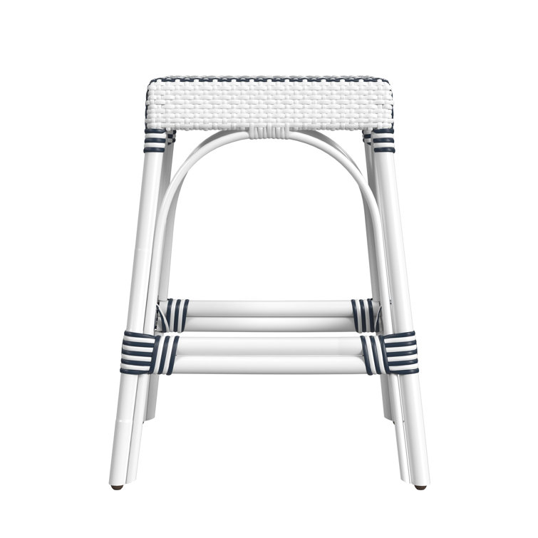 White and Navy Stripe Rattan Backless Counter Stool