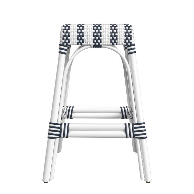 White and Navy Stripe Rattan Backless Counter Stool