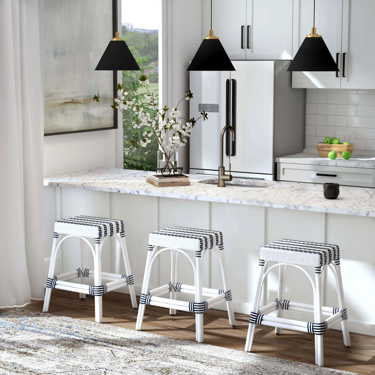 White and Navy Stripe Rattan Backless Counter Stool