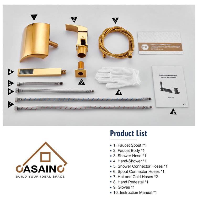 Gold Deck Mounted Waterfall Tub Faucet with Hand Shower