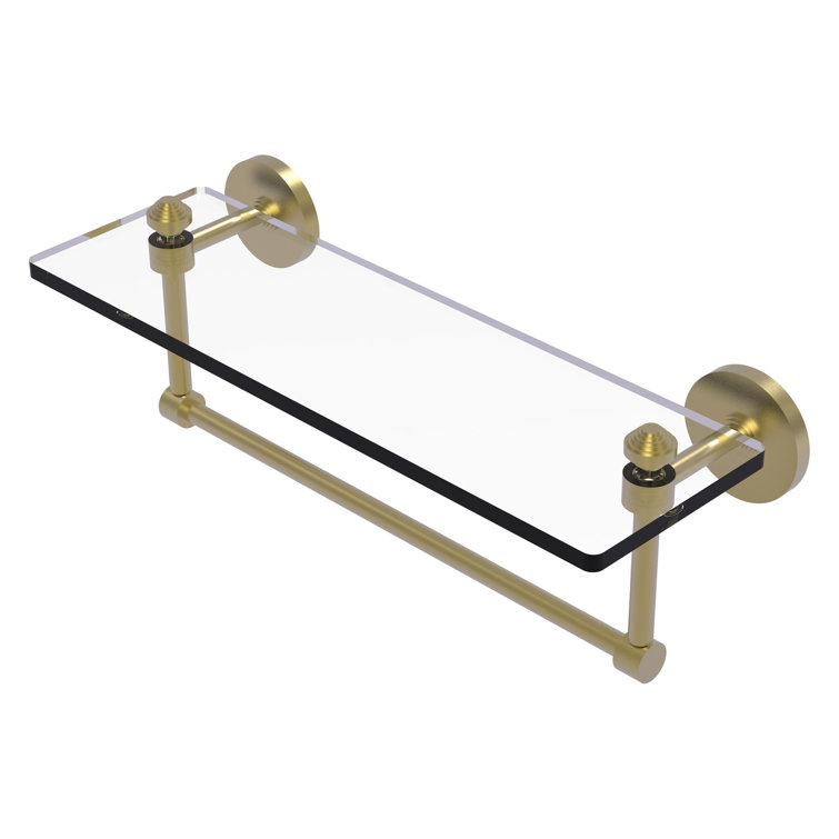 16" Satin Brass and Glass Wall Shelf with Towel Bar