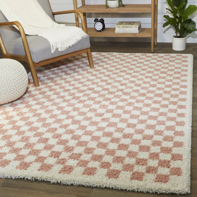 Pink and Cream Checkered Shag Synthetic Area Rug