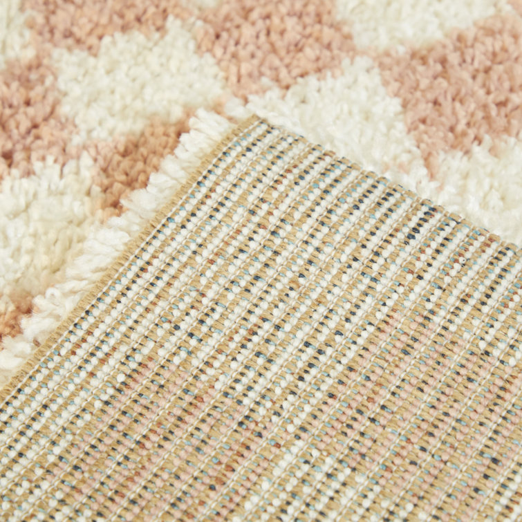 Cream and Pink Checkered Shag Synthetic Area Rug 6'7" x 9'