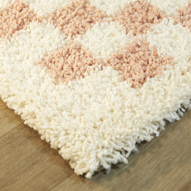 Pink and Cream Checkered Shag Synthetic Area Rug