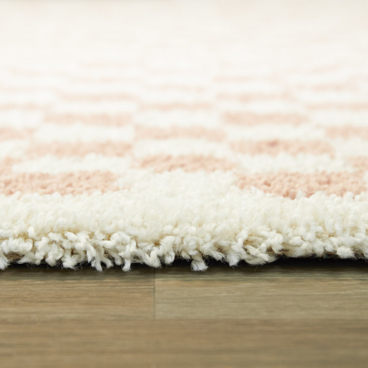 Pink and Cream Checkered Shag Synthetic Area Rug