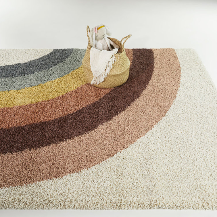 Rainbow Stripe Multicolor Shag Area Rug with Jute Backing