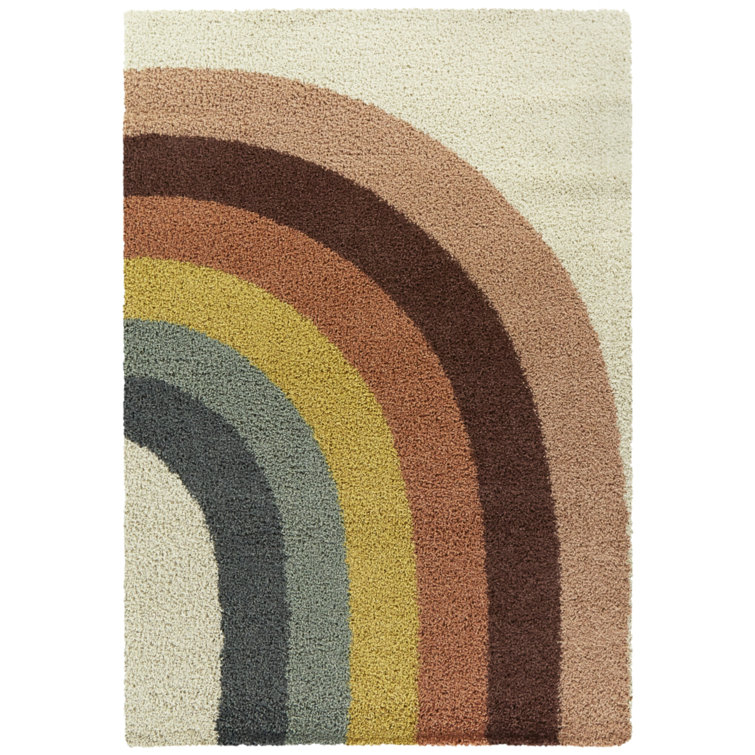 Rainbow Stripe Multicolor Shag Area Rug with Jute Backing