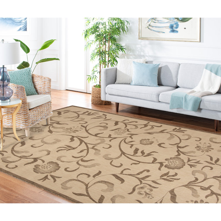 Cream and Brown Floral Rectangular Indoor/Outdoor Rug