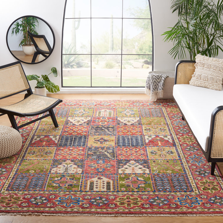 Hand-Knotted Red and Green Wool Southwestern Rug, 10' x 14'
