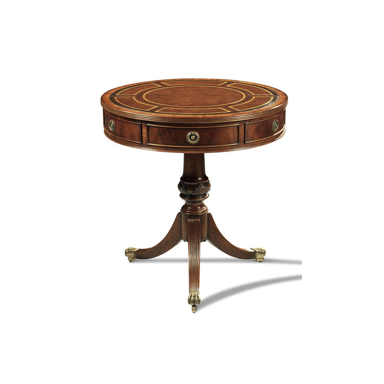 Mahogany Round Pedestal Table with Brass Accents and Drawers