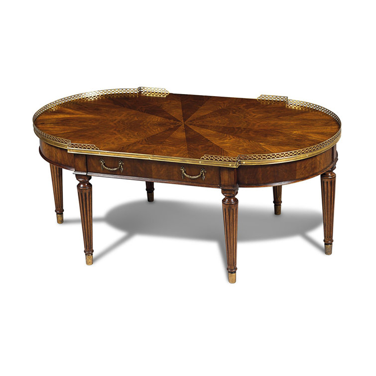Oval Walnut and Brass Wood Coffee Table, 48"