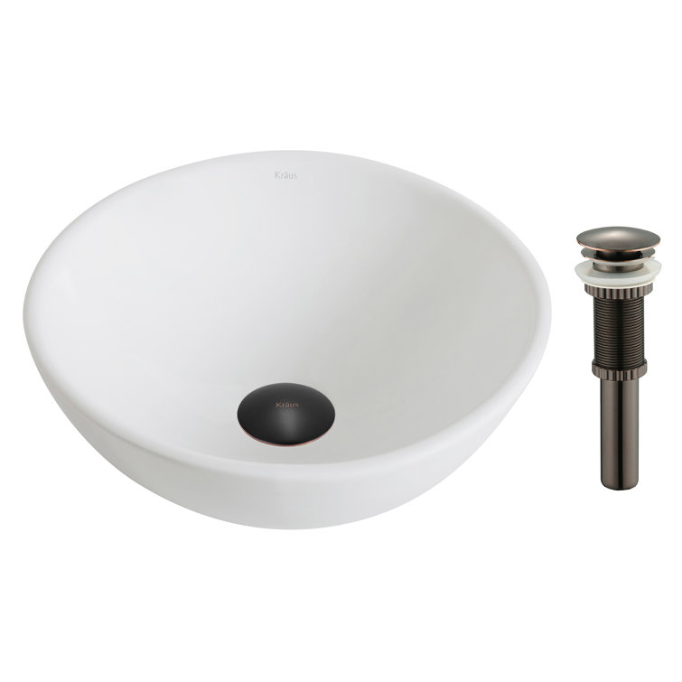 Elavo White Ceramic Round Vessel Sink with Oil Rubbed Bronze Drain