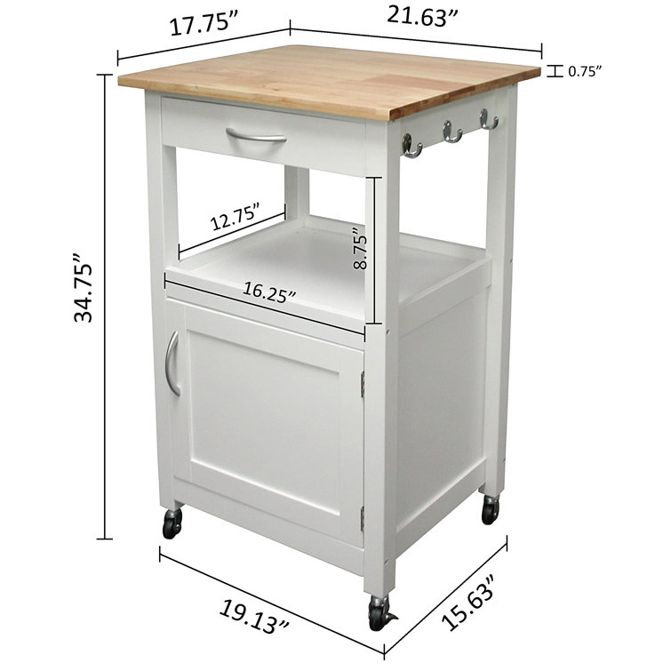 White Wood Kitchen Cart with Storage and Wheels