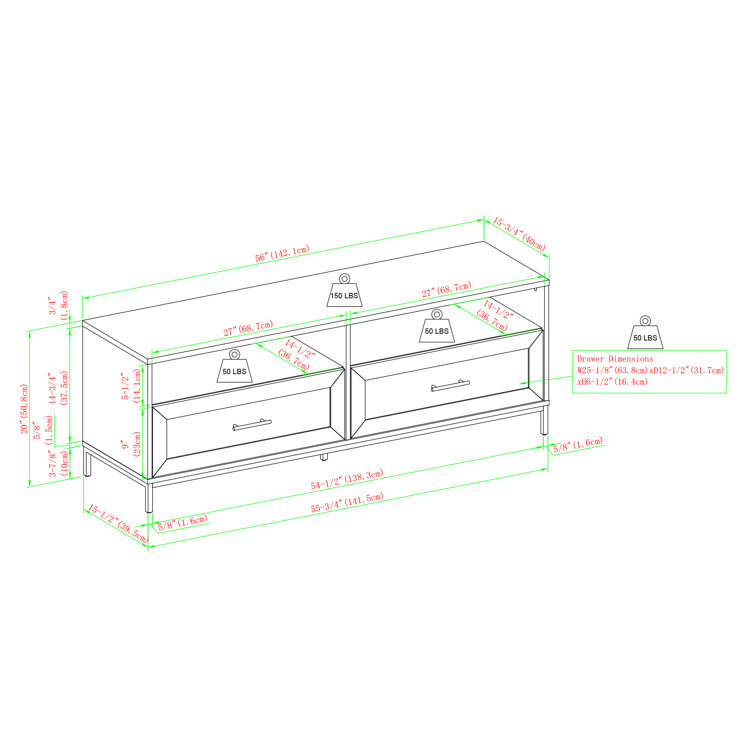 Birch 58" Modern 2-Drawer TV Stand with Black Hardware