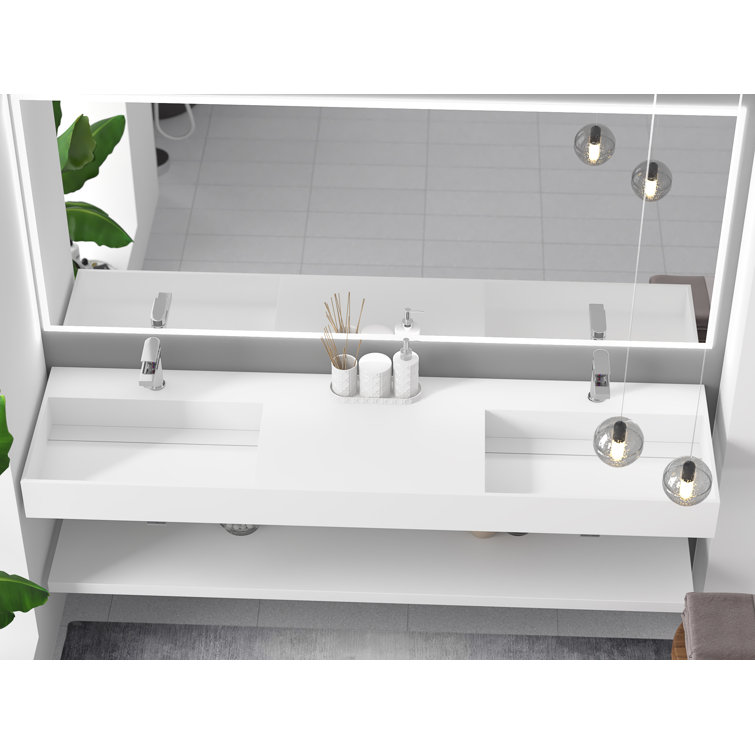 Juniper 72" Matte White Stone Wall-Mounted Double Basin Sink