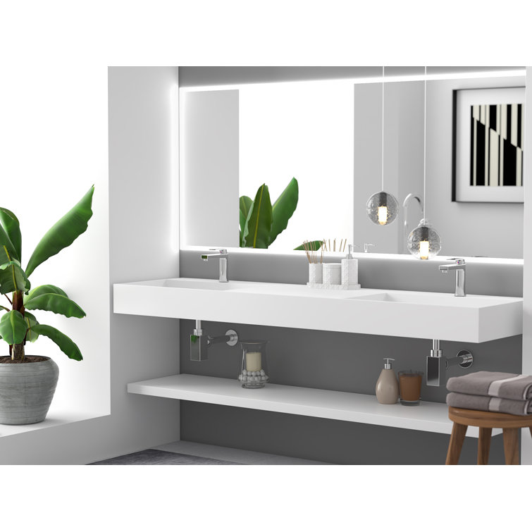 Juniper 72" Matte White Stone Wall-Mounted Double Basin Sink