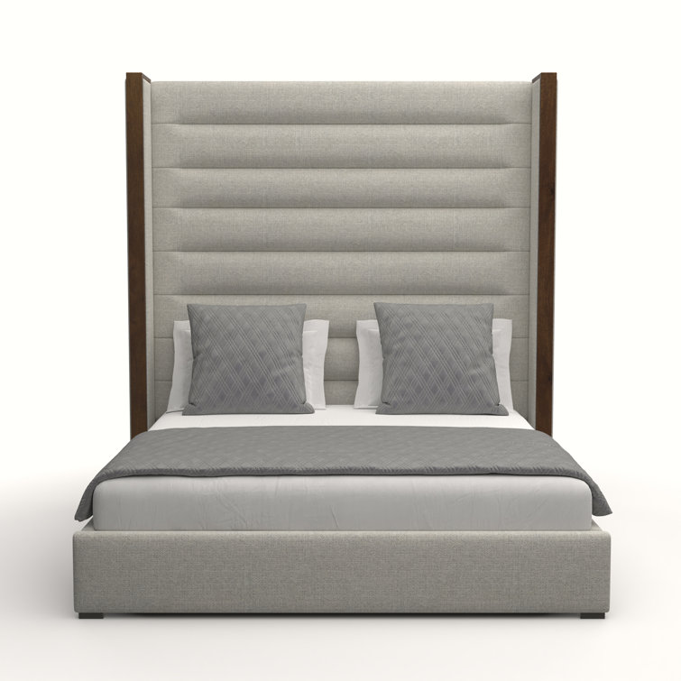 Grey Upholstered Queen Bed with Tufted Headboard and Wood Frame