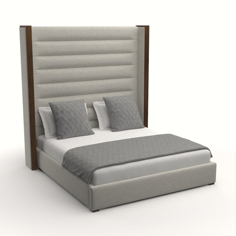 Grey Upholstered Queen Bed with Tufted Headboard and Wood Frame