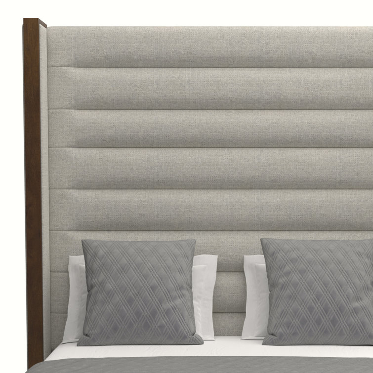 Grey Upholstered Queen Bed with Tufted Headboard and Wood Frame