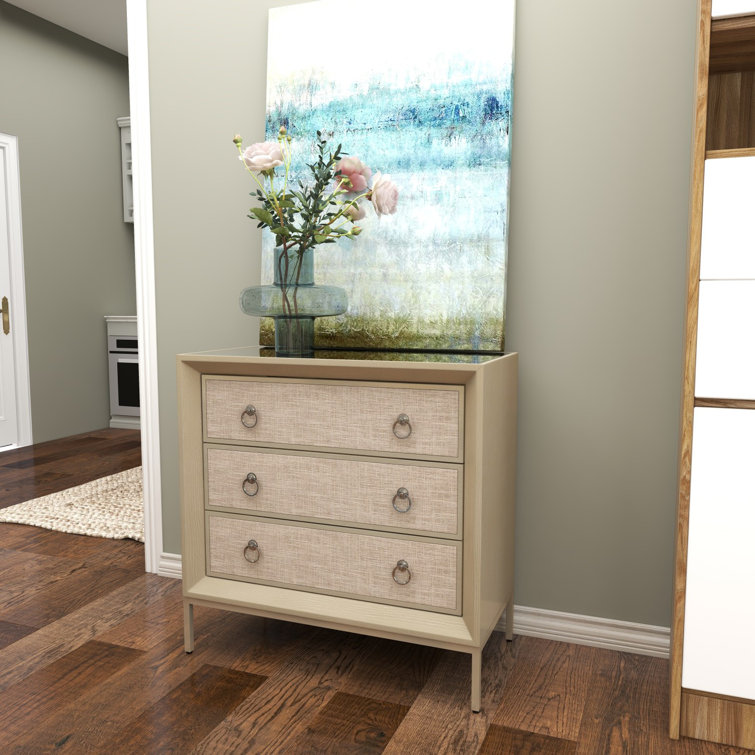 Beige Upholstered 3 Drawer Chest with Mirrored Top and Ring Handles