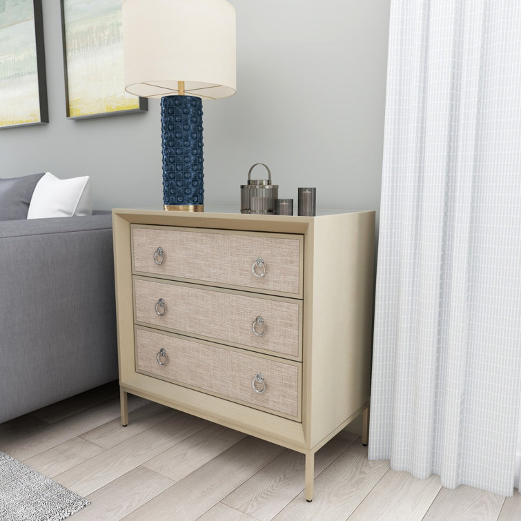Beige Upholstered 3 Drawer Chest with Mirrored Top and Ring Handles