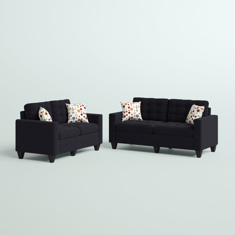 Black Polyester Blend Sofa and Loveseat Set with Dark Brown Legs