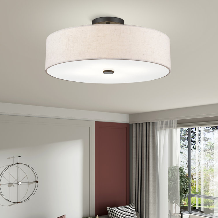 English Bronze Drum Semi Flush Mount with Oatmeal Shade