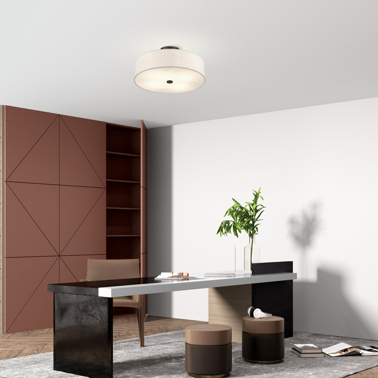 English Bronze Drum Semi Flush Mount with Oatmeal Shade