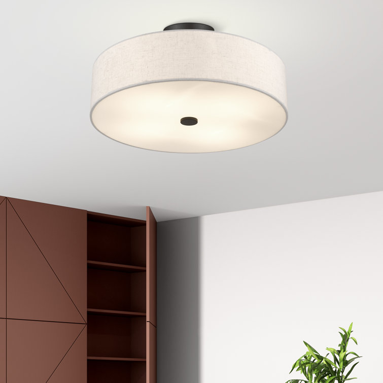 English Bronze Drum Semi Flush Mount with Oatmeal Shade