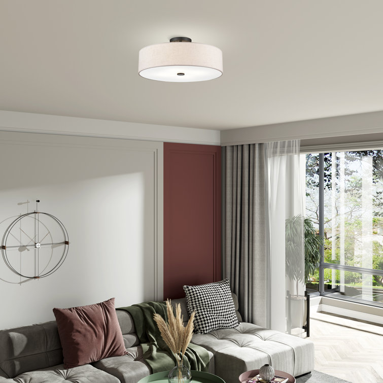 English Bronze Drum Semi Flush Mount with Oatmeal Shade