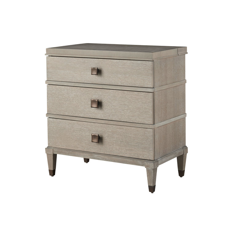 Transitional Brown Oak 3-Drawer Nightstand with Brass Accents