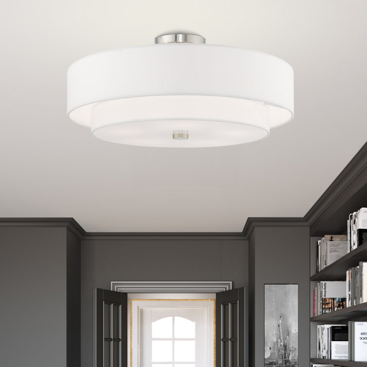 Meridian Brushed Nickel 5-Light Indoor Drum Flush Mount with Off-White Shade