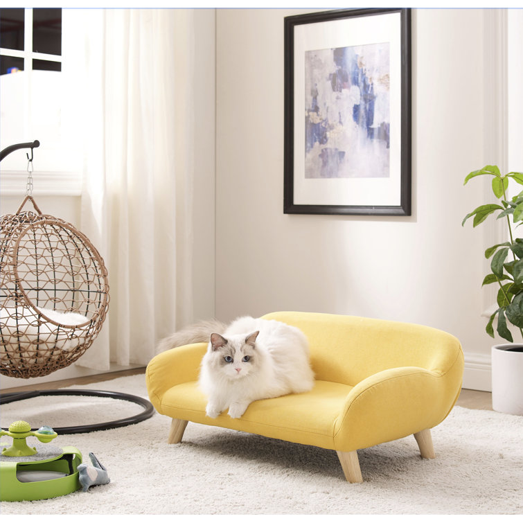 Akkeri Medium Yellow Fabric Pet Sofa with Wooden Legs