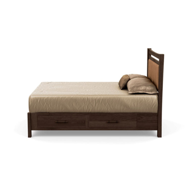 Queen Cognac Cherry Wood Frame Upholstered Storage Bed with Ebony Leather Headboard