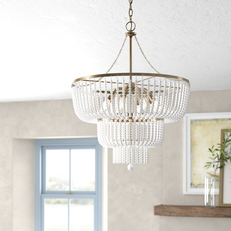 Satin Brass and White Beaded 6-Light Tiered Chandelier