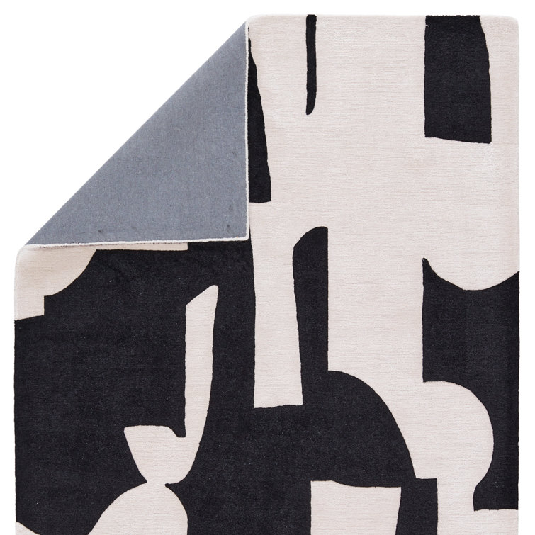 Black and Cream Abstract Handmade Wool Rug 8' x 10'