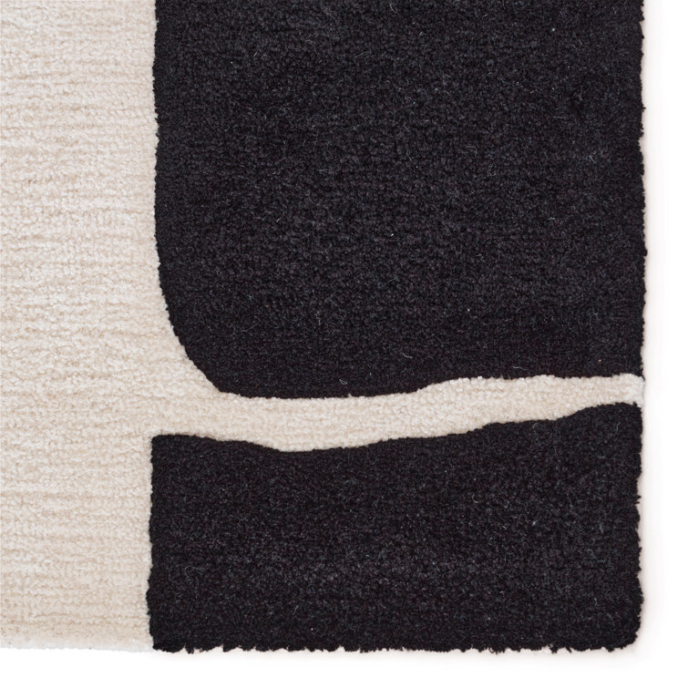 Black and Cream Abstract Handmade Wool Rug 8' x 10'