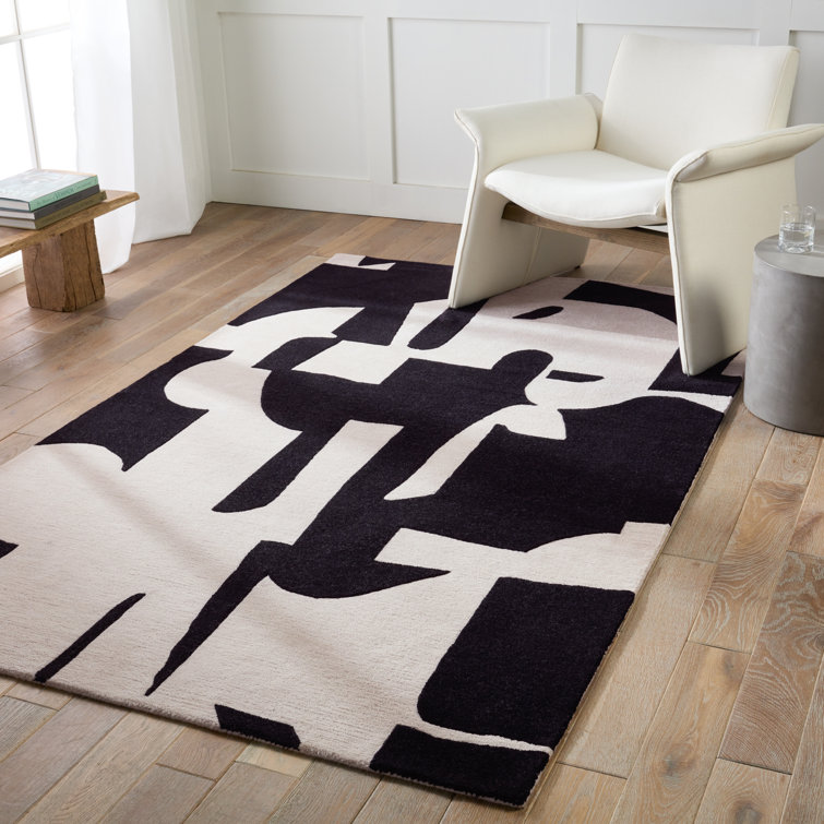 Black and Cream Abstract Handmade Wool Rug 8' x 10'