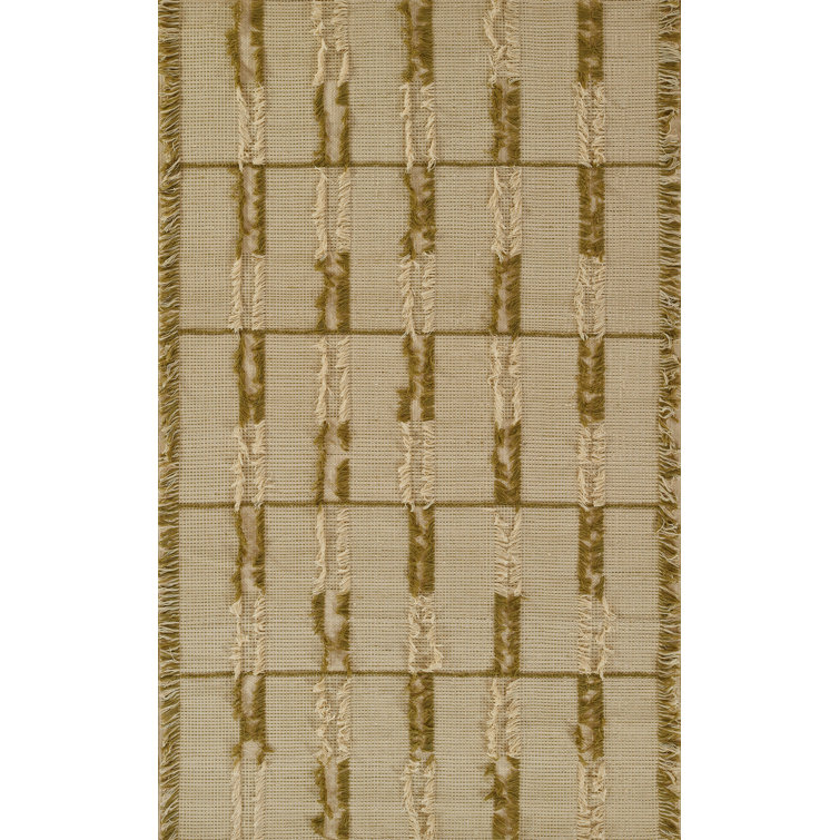 Green and Beige Flat Woven Rectangular Wool and Synthetic Rug