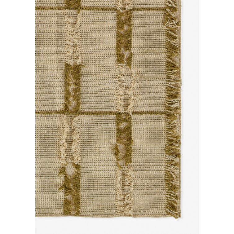 Green and Beige Flat Woven Rectangular Wool and Synthetic Rug
