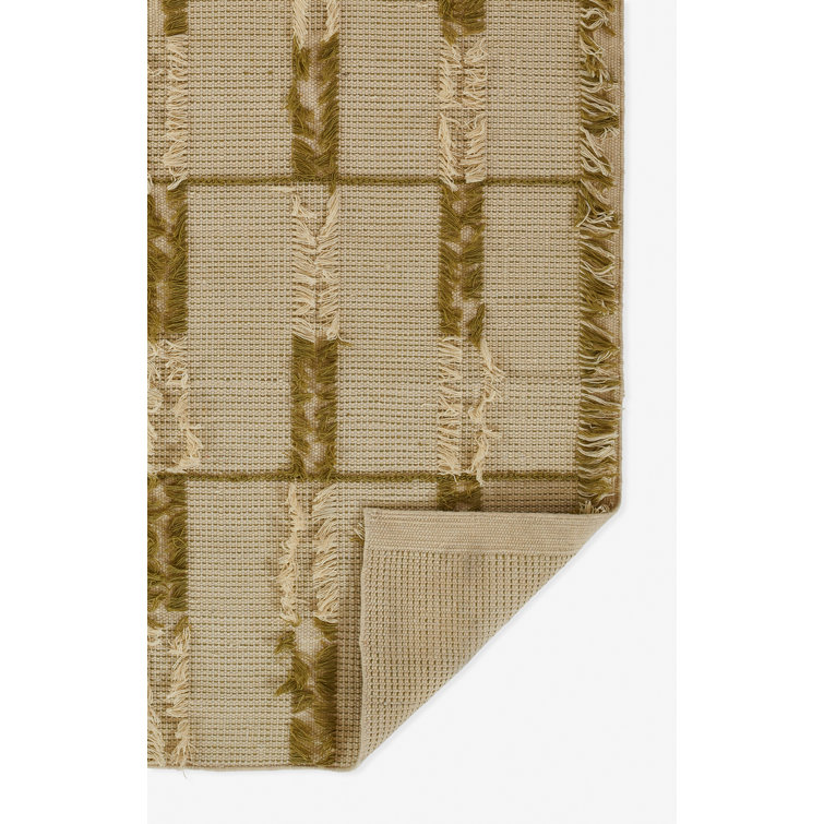 Green and Beige Flat Woven Rectangular Wool and Synthetic Rug