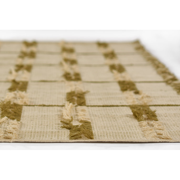 Green and Beige Flat Woven Rectangular Wool and Synthetic Rug