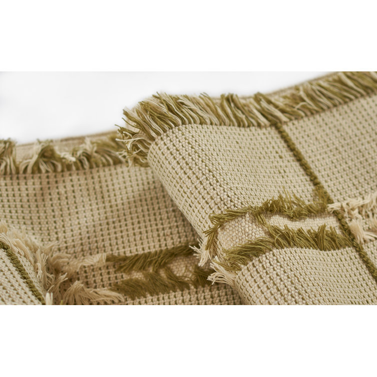 Green and Beige Flat Woven Rectangular Wool and Synthetic Rug