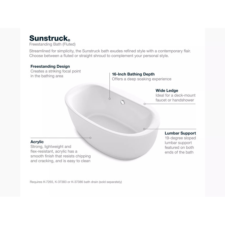 White Acrylic 66" Freestanding Oval Soaking Bathtub