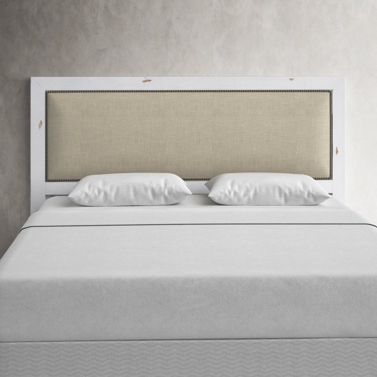 Rustic Pine Queen Bed with Linen Upholstered Headboard and Storage