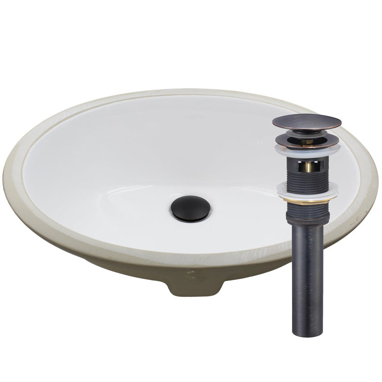 Oval Undermount White and Beige Porcelain Bathroom Sink with Chrome Drain