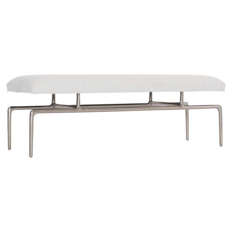 White Upholstered Oak and Nickel Transitional Bench