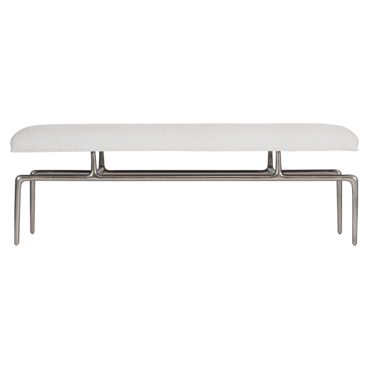 White Upholstered Oak and Nickel Transitional Bench